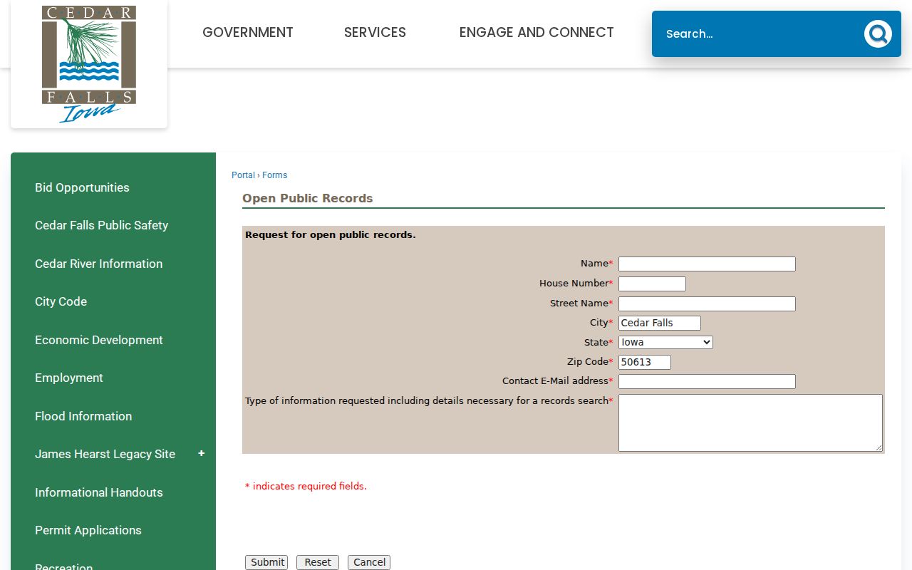 Cedar Falls criminal history open-record request form