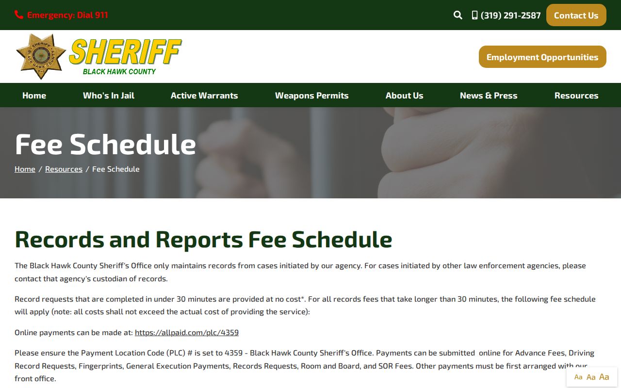 Black Hawk County criminal records sheriff fee schedule